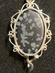 Vintage Snowflake Obsidian Gemstone Oval Cabochon Pendant Silver-Unknown Metal