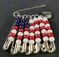 Safety Pin Flag American U.S. Patriotic Beaded Brooch Silver Tone Red White Blue