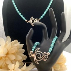 Turquiose Glass Pearl Beaded Sea Turtle Necklace w/Matching Bracelet Handcrafted