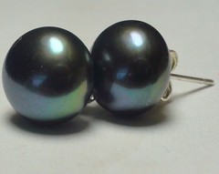 GENUINE TAHITIAN FRESHWATER BLACK PEACOK PEARL 925 S.SILVER EARRINGS 16.25 ct