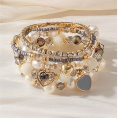 5pc Pearl Beaded Stretch Bracelet Set Layer Crystal Gemstone Heart Charm Boho