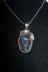 Southwestern Silver Tibetan Carved Moonstone Labradorite SKULL Pendant Necklace