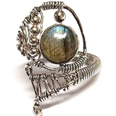 Huge Labradorite Cabochon In Silver Wire Wrap Bypass Statement Ring 7.25