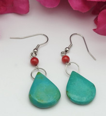 Blue Turquoise Red Agate Teardrop Earrings Silver Tone French Wire 1 Inch