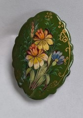 4 Lacquer Russian Pins Brooch Handmade Signed Painted Floral Flowers
