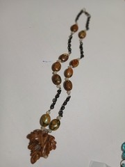 Handmade Carved Stone Leaf Pendant Necklace Earth Tone Beaded Jasper 18 Inch