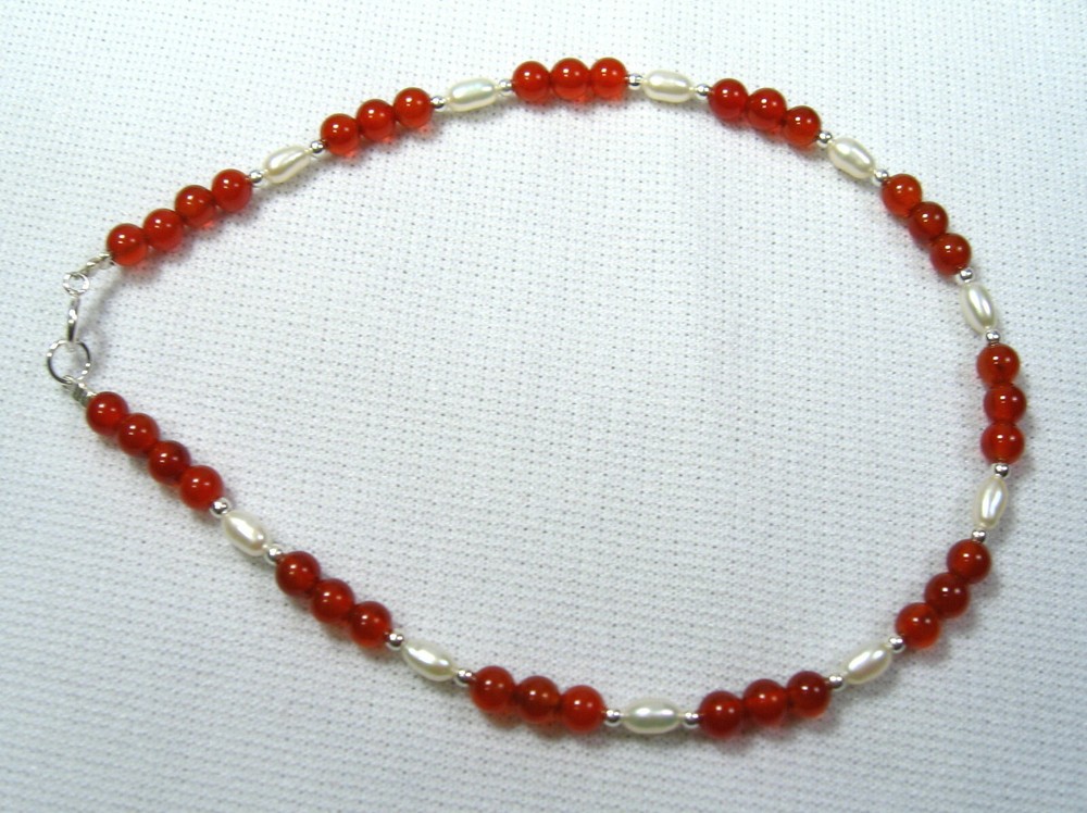 Lyns Jewelry Carnelian Agate and Freshwater Pearl Anklet Silver or Gold