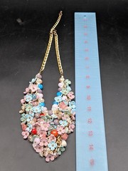 Artisan Clay Flower Glass Bead Statement Necklace Gold Tone Bib Chunky 145g READ