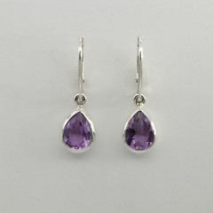 925 Sterling Silver – Purple Drop / Pear Amethyst Teardrop Leverback Earring