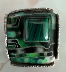 STERLING MALACHITE INLAY MODERNIST BRUTALIST CIRCUIT BOARD SIGNED EARRINGS-L@@K