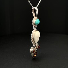 Sterling Silver Handmade Carved Face W/Turquoise Amber Pendant(3/4 x 2 3/8 Inch)