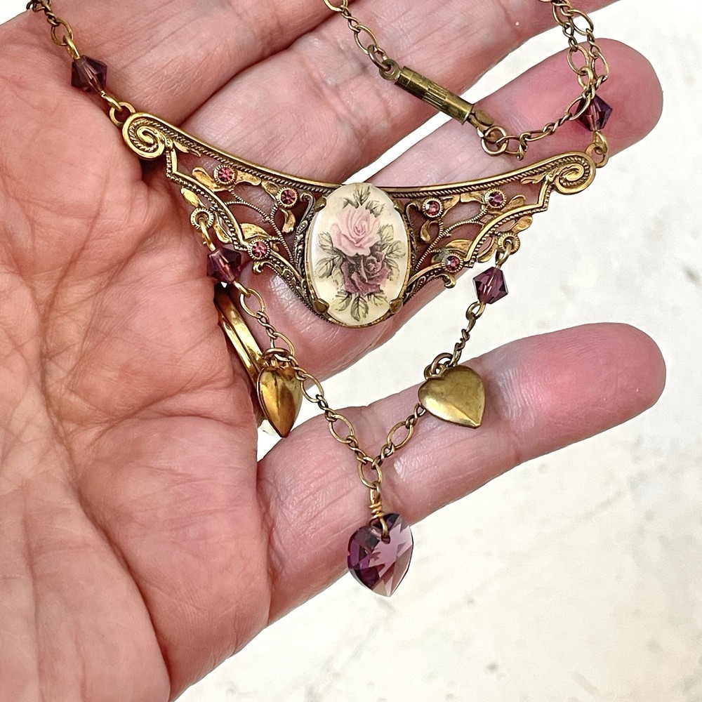Vintage Pididdly Links Necklace Brass Purple Rose Hearts Victorian Revival