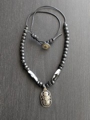 Egyptian Scarab Pendant Necklace for Men Beaded Tribal Agate Stone Handmade 22″