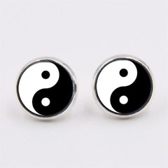 Zen Yin Yang Black White Glass Cabochon 14mm Round Silver Plated Stud Earrings
