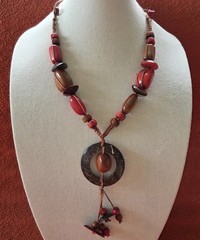 Tagua Nut Statement Necklace Beaded Red Brown Handmade Summer Boho
