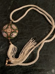 New Cloisonné Floral Round Charm Pendant Necklace with Braided Cord, Green Pink
