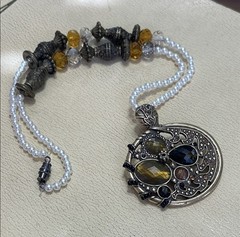 Handcrafted Faux Pearl Gold & Brass Multicolored Crystal Pendant Necklace