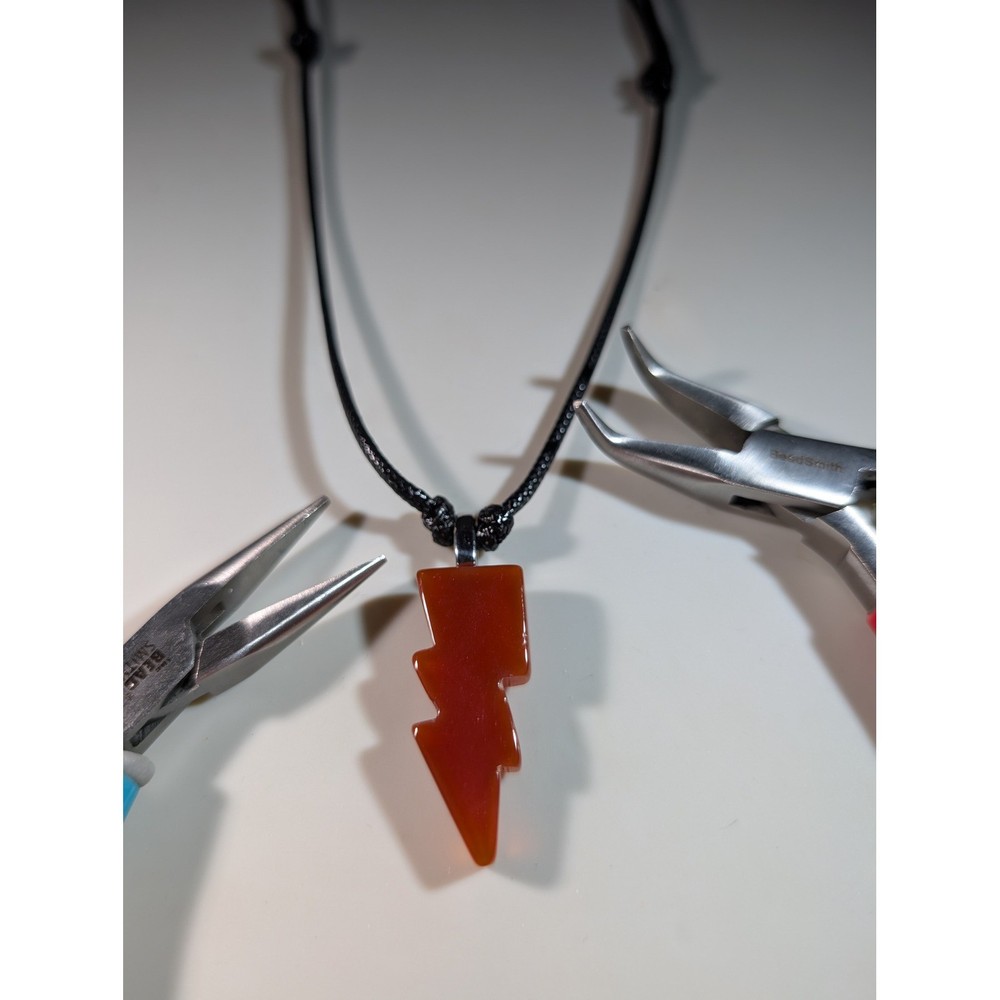 Carnelian Lightning Bolt Pendant Necklace Adjustable Black Cord Orange Gemstone