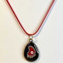 Handmade Evil Eye Resin Pendant Necklace Black Red 20″ Red Waxed Cord