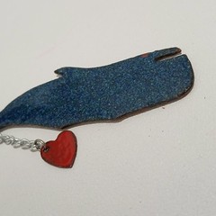 White Enameled Copper Whale Pendant Necklace 18” Silver Tone Chain Red Heart