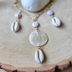 Cowrie Shell Necklace, Capiz, Freshwater Pearl, Gold Chain, Africa Female Divine