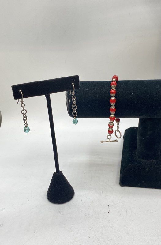 Silver Red Jasper Bead Bracelet & Aqua Crystal Drop Earring Jewelry Set