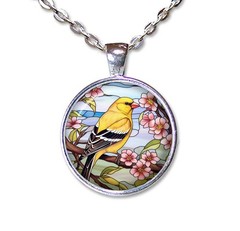 Yellow Canary Bird FAUX Stained Glass ROUND Glass Pendant Necklace BRIGHT SILVER