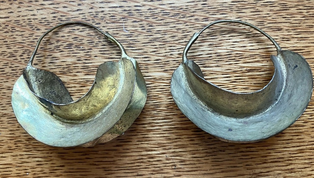 Large African Fulani Tribal Lightweight Gold Washed Brass Metal Earrings Africa