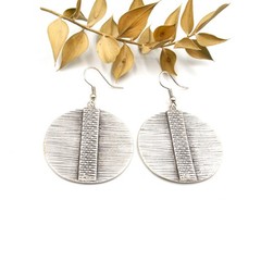 Bold Silver Round Disc Dangle Earrings Textured Boho Geometric Statement Jewelry