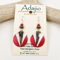 Adajio Earrings Hematite and White Triangles Over Red Disc Handmade in USA 7658