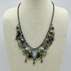 Charm Necklace Boho Artisan Mixed Media Brass Polymer Clay Beads 24″