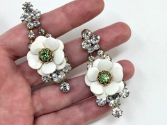 OOAK Artisan Vintage 40s Czech Rhinestone Earrings Enamel Flowers Bridal 2 1/4”