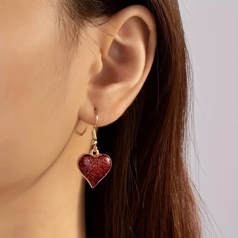 Red Heart Shaped Dangle Earrings Gold Toned Glitter Heart Women’s Fashion Gift