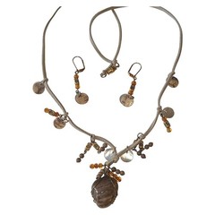 Artisan Wire Wrapped Stone & Shell Leather Necklace 26″ & Dangle Earring 2″ Set