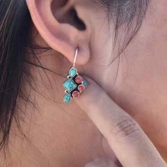 925 Sterling Silver Handmade Earrings Natural Turquoise & Coral Stone Earrings