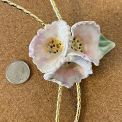 Glazed Ceramic Lariat Necklace Bolo Tie Large Floral Slide Vintage Artisan READ