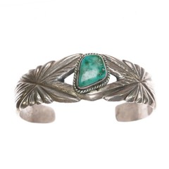 6.375″ Vintage Native American sterling cast cuff bracelet with turquoise