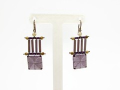 Vintage Artisan Purple Woven Thread and Bead Dangle Earrings Sterling Silver