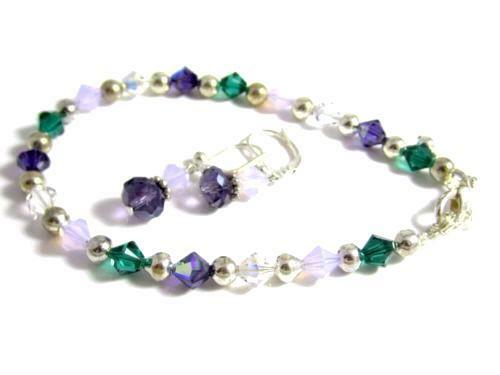 Pretty Purple, Lavender, Green, Clear & Silver Artisan Bracelet & Earring Set