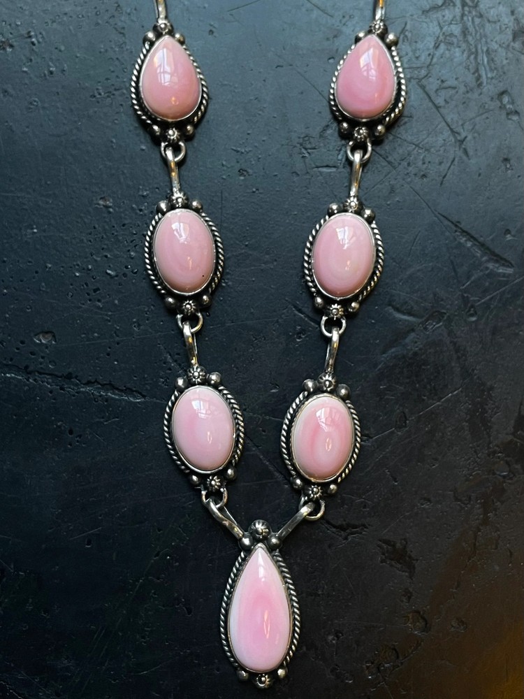 Pink Conch Lariat Necklace | Teardrop Station Drop | 925 Silver E586