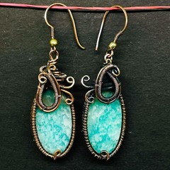 Natural Amazonite Gemstone Copper Wire Wrapped Handcrafted Earrings 45x18mm