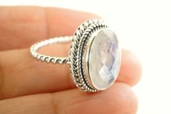 Rainbow Moonstone Faceted Cord Edge 925 Sterling Silver Twisted Band Ring 7 8