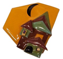 Vintage Artisan Made House Pins By Lucinda Mixed Materials House & Moon Brooch
