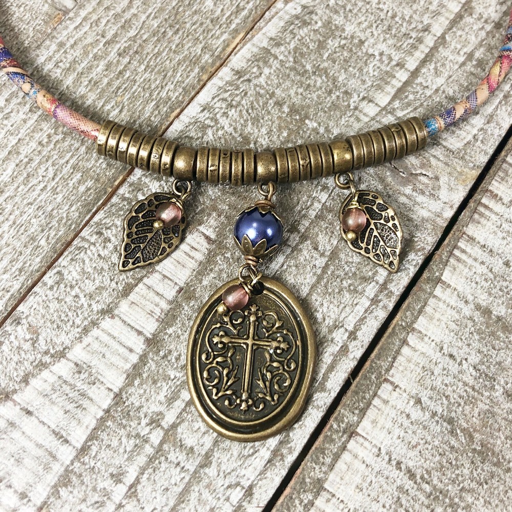 Antique Brass Christian Pendant and Leaves Choker with Colorful Floral Cork Cord