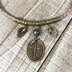 Antique Brass Christian Pendant and Leaves Choker with Colorful Floral Cork Cord