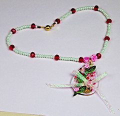 Emerald Empire Handmade Choker Lt. Green Pink 15 3/4′ long 2.5′ Resin Charm Bow