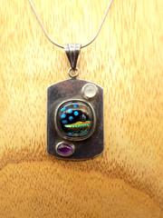 Sterling Silver Dichroic Art Glass Amethyst Moonstone Dog Tag Pendant Necklace