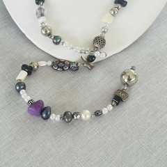 BOHO Beaded Lariat Necklace Hand-Crafted Art Glass Semi-Precious Stones Pearl