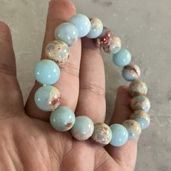Handcrafted Beaded Bracelet Blue Beige Brown Stone Round Stretch Unisex