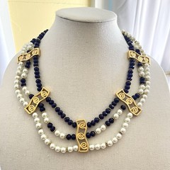 Statement Bib Necklace Triple Strand Beaded Swirly Navy Faux Pearl Gold 20″